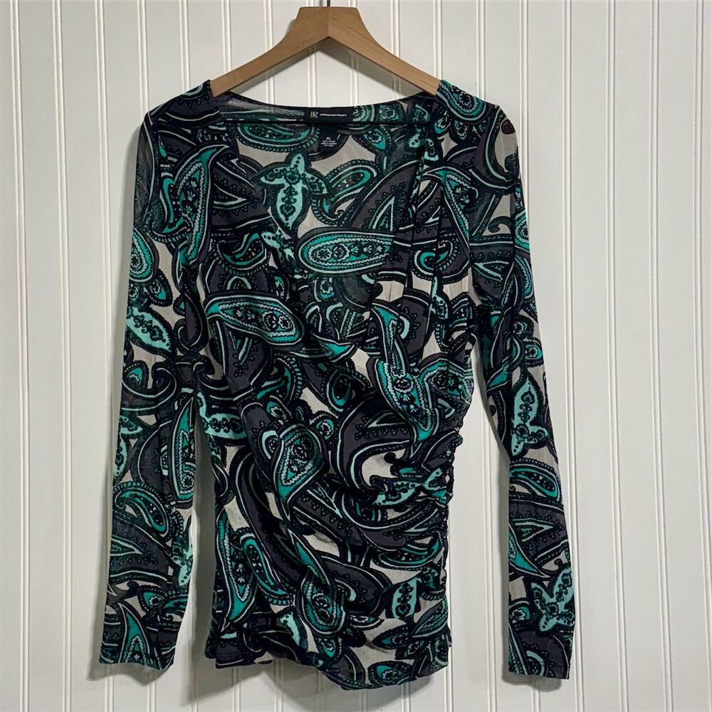 INC International Concepts Top Women's XL Teal Paisley Mesh Surplice Ruched Y2K